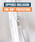 Close-up of dual zipper enclosure on extra large mosquito net tent for beds and outdoor use foldable pop up mesh canopy with extra fine holes.