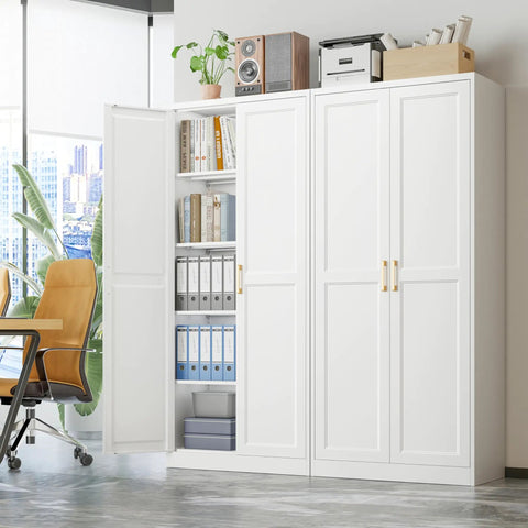 Built Like A Tank Super Tall Steel Pantry Cabinet With Double Doors And Four Shelves Kitchen Storage Saver in modern office setting.