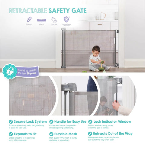 50 Inch Wide Retractable Baby Gate For Doorways And Hallways, Mesh Safety Barrier For Babies Toddlers And Pets, Pet Friendly, Extra Tall in use