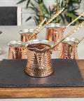 Hammered Copper Coffee Pot Set Of 5 For Stovetop Brewing Cezve Ibrik Briki One To Five Cups With Metal Handle on display