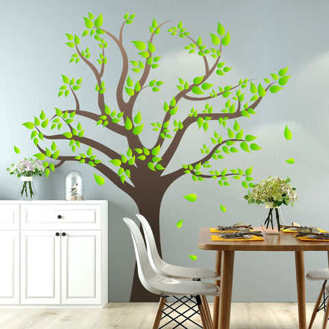 Giant Cartoon Brown Tree Wall Decals Set, Peel and Stick Leaves, Removable Wall Sticker for living room décor with dining table view