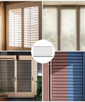 Collage of plantation shutters with different styles and colors, showcasing 80 Piece Plantation Shutter Repair Kit With Solid Fasteners Sweet Louver Hardware No Sweat Window Blind Tilt Rod Staples Easy Peasy Home Fix Hella Durable For Smooth Operation Quick Setup Guaranteed Satisfaction.