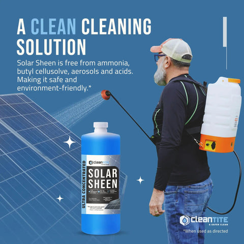 Man spraying Solar Panel Cleaner Super Concentrated Formula, 32 Oz Makes Up To 128 Gallons, Wipes Away Oils Fingerprints