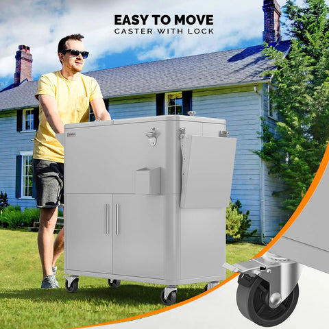 80 Quart Rolling Ice Chest On Wheels For Outdoor Parties being pushed in backyard with lockable casters, patio setup