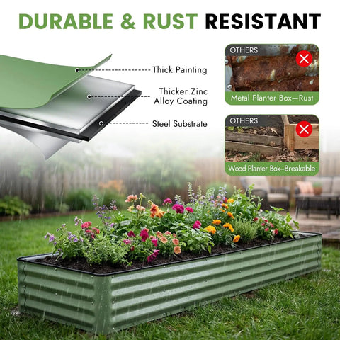 Galvanized Raised Garden Bed Kit 8x2x1 Ft Outdoor Metal Planter Box Olive Green Heavy Duty With Gloves For Vegetables And Flowers