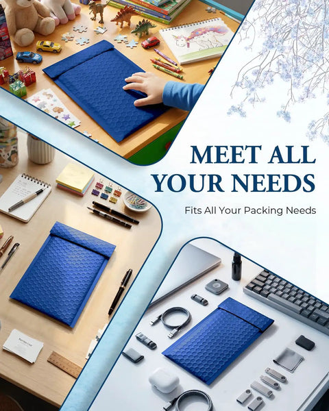 Blue 4x8 Bubble Mailers 100 Pack Self Seal Padded Envelopes Usable 4x7 Inner Size displayed on desks with items