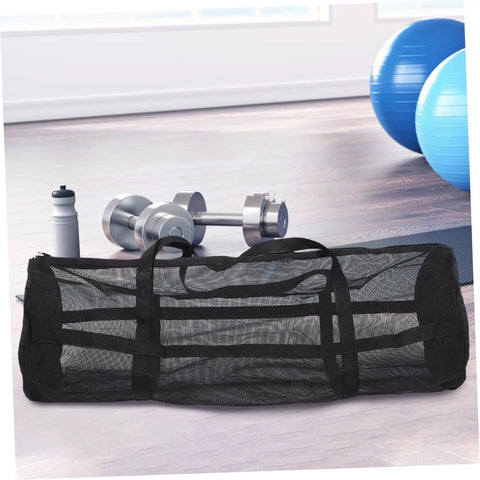 Mesh Basketball Duffle Bag Large Capacity Gym Tote For Sports Gear Dive And Snorkeling Equipment Soccer Ball Carrier Heavy Duty PVC Mesh Tote For Outdoor Workout And Travel on gym floor with fitness equipment.