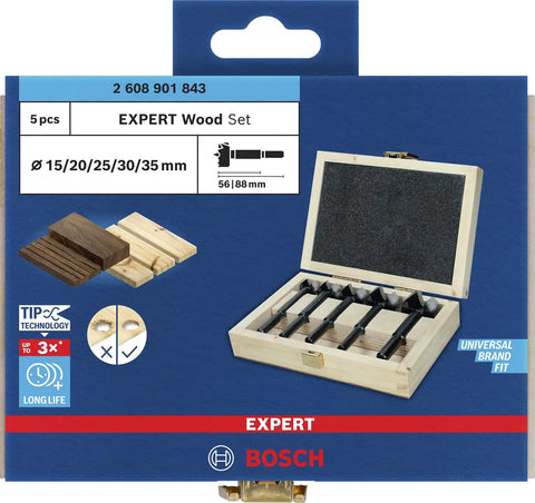 Five Piece Forstner Drill Bit Set With Rugged Three Flat Shank Grip Killer Longevity For Hardwood And Softwood Tasks Smooth Blind Hole Drilling in wooden box.