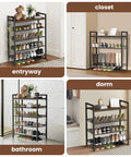 Four images showing a Five Tier Metal Shoe Rack With Wooden Top And Adjustable Mesh Shelves in entryway, closet, bathroom, and dorm.