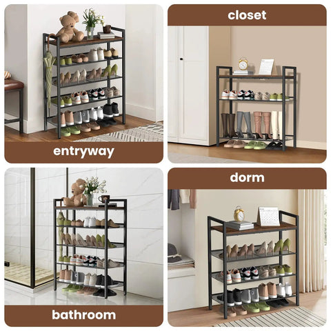 Four images showing a Five Tier Metal Shoe Rack With Wooden Top And Adjustable Mesh Shelves in entryway, closet, bathroom, and dorm.