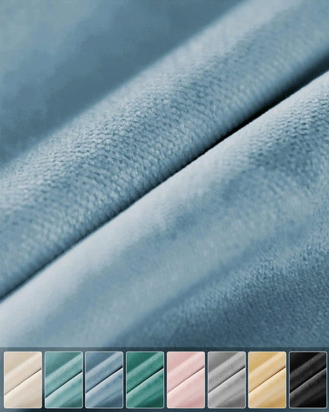 Close-up of sky blue velvet fabric texture, showcasing the softness and thickness of the material for drapes.