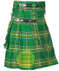 Mens Plaid Kilt With Adjustable Cowhide Leather Strap Detachable Cargo Pouch Chain Casual Streetwear Rugged Outdoor Style 40 Inch Length From Navel For Active Hiking Gear in green tartan with metal chains.
