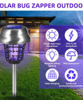 Solar Bug Zapper Outdoor Solar Powered IP66 Waterproof Mosquito Killer And Trap for Backyards Gardens and Farms, exterior view.