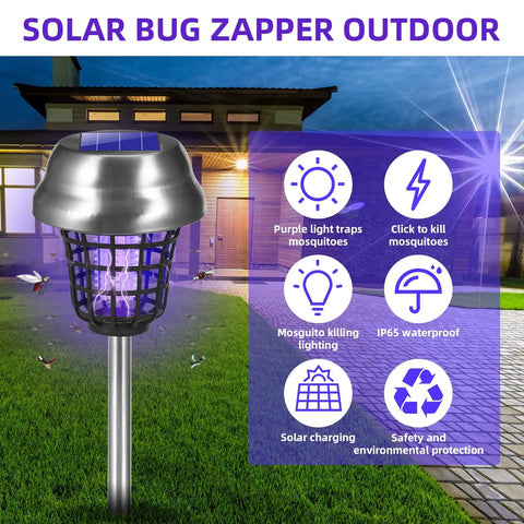 Solar Bug Zapper Outdoor Solar Powered IP66 Waterproof Mosquito Killer And Trap for Backyards Gardens and Farms, exterior view.