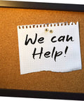 "We can Help!" note secured on a corkboard with 100 Pieces Decorative Craft Nails For DIY Projects, Miniature Brass Fasteners For Cards.