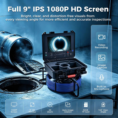 Self Leveling Sewer Borescope Camera With 9 Inch Screen 1080P HD Display IP68 Waterproof For Duct Pipe And Home Inspection on coiled cable