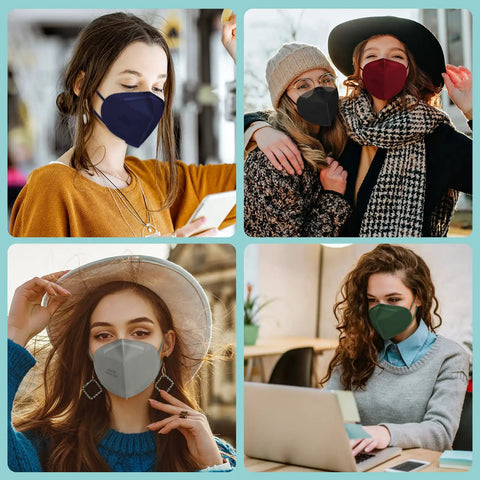 Women wearing Essential KN95 Face Masks 50 Pack Individually Wrapped Multicolor For Men And Women, 5 Layer Breathing Protection