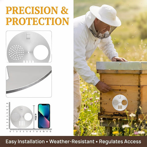 Two Pack Galvanized Iron Bee Hive Entrance Discs For Beekeeping Nuc Box Entrance Reducers 4.92 Inch Diameter Durable Beekeeping Gear And Beekeeping Supplies For Beekeepers shown on a hive with beekeeper