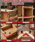 8Pack Corner Clamps For Woodworking 90 Degree Right Angle Squares in use on cupboard, bookshelf, drawer, and picture frame projects.