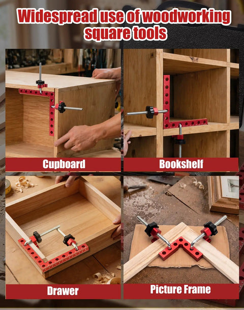 8Pack Corner Clamps For Woodworking 90 Degree Right Angle Squares in use on cupboard, bookshelf, drawer, and picture frame projects.