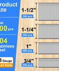 Rugged And Rock Solid 18 Gauge Brad Nails In Premium 304 Stainless Steel 900 Count Set with mixed lengths display.