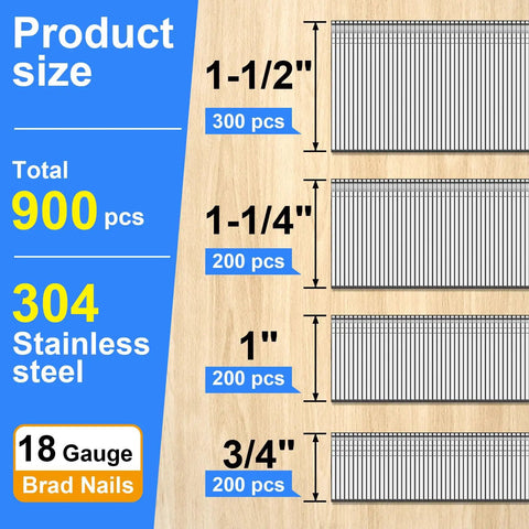 Rugged And Rock Solid 18 Gauge Brad Nails In Premium 304 Stainless Steel 900 Count Set with mixed lengths display.