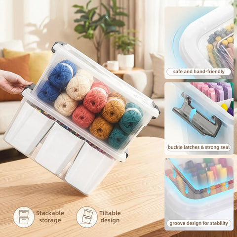 Clear Plastic Storage Bins With Lids 17 Qt Set, multipurpose stackable containers holding colorful yarn and craft supplies