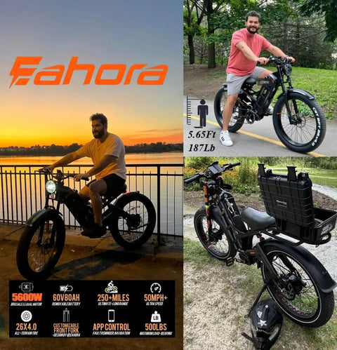 Dual Motor Electric Bike With 5600W Output And 50 MPH Speed Gives Adults A Badass Ride showcasing rider on fat tires by sunset.
