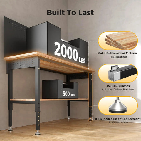 60 Inch Adjustable Height Work Bench With Storage Shelf And Pegboard LED Light And Built In Power Strip for heavy loads