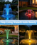 1320 GPH Heavy Duty Pond Fountain Pump with RGB LED Lights in various colors in a garden setting