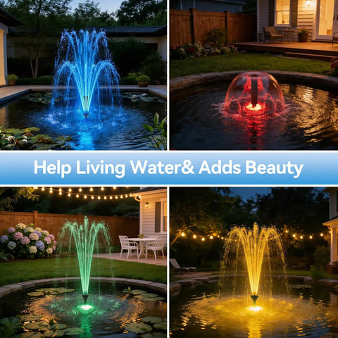 1320 GPH Heavy Duty Pond Fountain Pump with RGB LED Lights in various colors in a garden setting