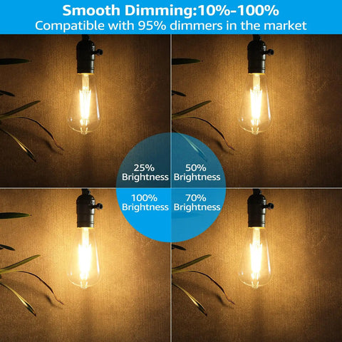 Dimmable Vintage Edison LED Bulbs 7W Filament with Various Brightness Levels and UL Listed E26/E27 Base on display.