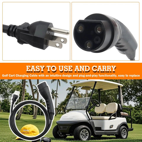 Rugged Golf Cart Charging Power Cord Straight Up Reliable 120 Volt 3 Pin Replacement Charge Cable Assembly for Evolution Icon EV Models, plug and play design.