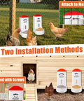 Heavy Duty 2 Pack Poultry Grit And Oyster Shell Feeder With Clear Viewing Window And Quick Drainage Holes outside installation with chickens.