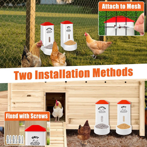 Heavy Duty 2 Pack Poultry Grit And Oyster Shell Feeder With Clear Viewing Window And Quick Drainage Holes outside installation with chickens.