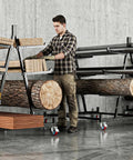 Man organizing lumber on Heavy Duty 3 Tier Lumber Storage Rack Built Like A Tank 1000 Lb Capacity Adjustable Steel Pipe Rack.