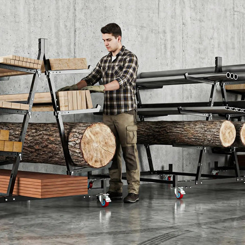 Man organizing lumber on Heavy Duty 3 Tier Lumber Storage Rack Built Like A Tank 1000 Lb Capacity Adjustable Steel Pipe Rack.
