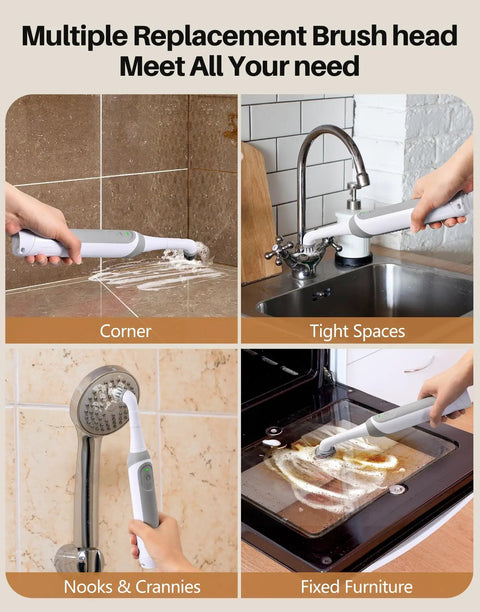 Rechargeable Cordless Grout Scrub Brush Kit With Built In Battery used on tile, sink, shower, and oven surfaces