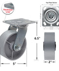 Front view of a 5-inch steel cast-iron swivel caster with top-plate mount for tool boxes and workbenches