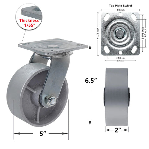 Front view of a 5-inch steel cast-iron swivel caster with top-plate mount for tool boxes and workbenches