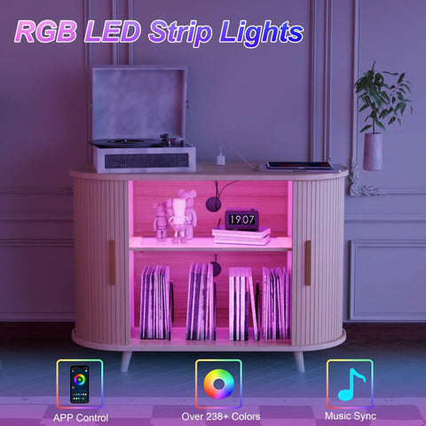 Large Record Player Stand With Power Outlets And Led Lights showcasing modern design with vinyl storage, mid-century look, and RGB LED lighting.