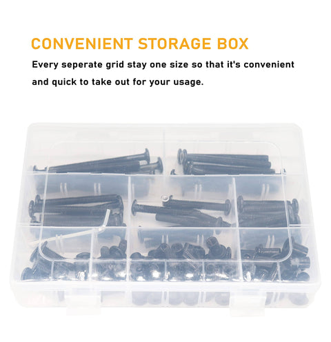Divided storage box with 100 Piece Black M6 Hex Drive Socket Cap Bolts And Dowel Nuts Kit for DIY furniture builds.