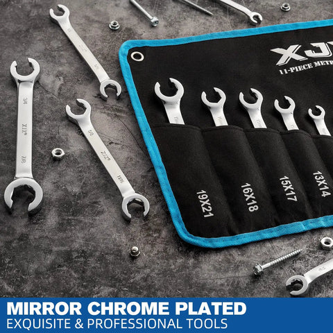 11 Piece Flare Nut Wrench Set Pro Grade Heavy Duty SAE And Metric Fits Quarter To Seven Eighths Inch CRV Steel with pouch