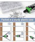 500 Piece Aluminum Pop Rivets Assortment Kit With Ten Sizes From One Eighth Inch To Three Sixteenths Inch Blind Rivets For Metal Quick Repairs And DIY Projects In Durable Rivet Box, showing step-by-step installation diagram and sturdy plastic case
