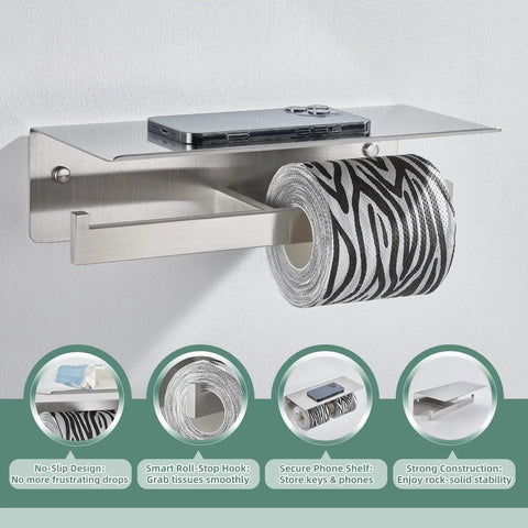 Double Toilet Paper Holder With Shelf In 304 Stainless Steel Brushed Nickel Finish, displayed with phone on top and tissue roll.