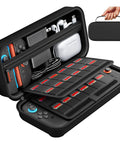 Switch 2 Carrying Case With 24 Game Cartridges Protective Hard Shell Travel Pouch for Console and Accessories, open view with contents.