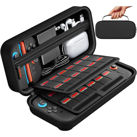 Switch 2 Carrying Case With 24 Game Cartridges Protective Hard Shell Travel Pouch for Console and Accessories, open view with contents.