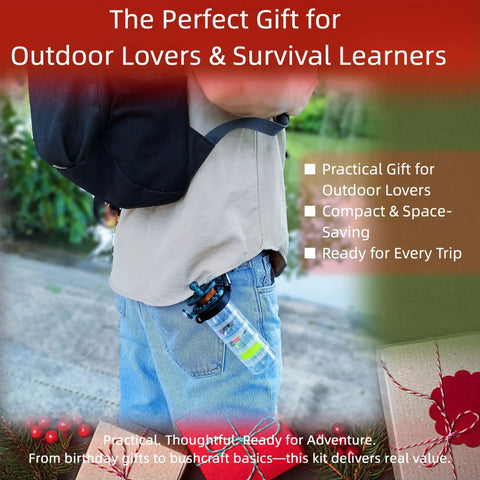 Person with backpack and Grab And Go Pocket Sized Fishing Rod Kit All In One Survival Gear For Hiking Camping Biking And Road Trips