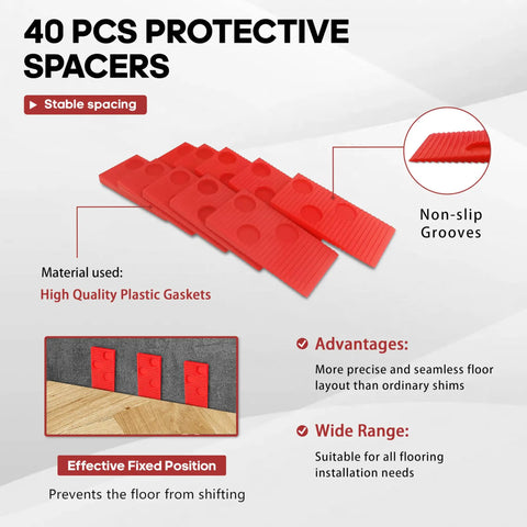 Must Have Pro Grade Laminate And Vinyl Flooring Installation Kit With 43 Pieces including 40 red non-slip plastic spacers