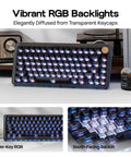 75 Percent Mechanical Keyboard With Top Shelf Frosted Acrylic Casing And Creamy Gasket Mount Smooth Wireless Gaming Board With Massive Battery Life Rgb Shine Through Caps Hot Swappable Switches And Full Nkro Support In Matte Black with vibrant RGB backlights shown from the front